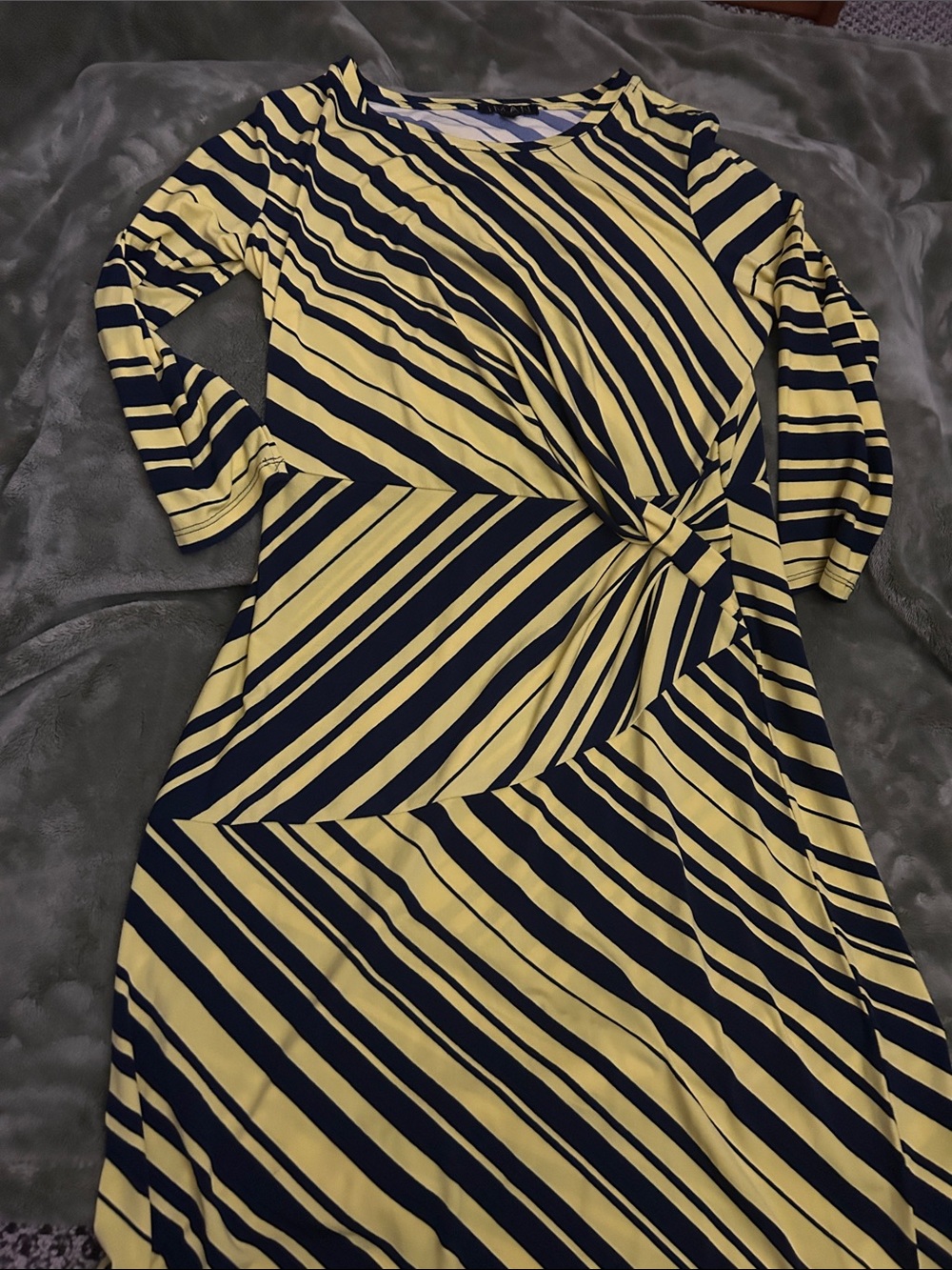 IMAN Yellow and Navy Striped Twist-Detail Midi Dress